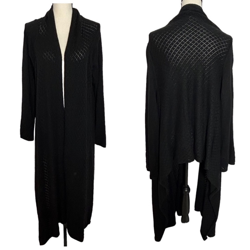 Oscar Oscar De La Renta Black Open Knit Cashmere Wool High Low Cardigan - Picture 2 of 16